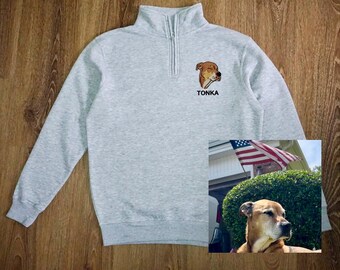 Embroidered Pet Face & Name premium quarter zip Personalized Cats Dog Sweatshirt with Portrait from Photo Gift for Dog Mom Dad USA made