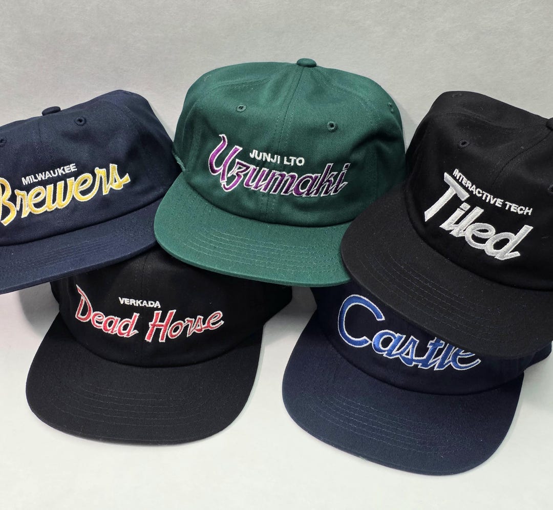 Script Style Cap Customizable 6 Panel Unstructured Custom City Vintage Font Hat Script ...