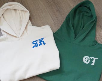 Custom Embroidered Left Chest Hoodie Sweatshirt, Anniversary, Personalized Present Embroidery Sweater Christmas Gift Couples Old English