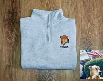 Embroidered Pet Face & Name premium quarter zip Personalized Cats Dog Sweatshirt with Portrait from Photo Gift for Dog Mom Dad