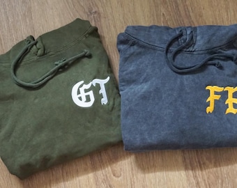Custom Embroidered Left Chest Hoodie Sweatshirt, Anniversary, Personalized Present Embroidery Sweater Christmas Gift Couples Vintage Wash