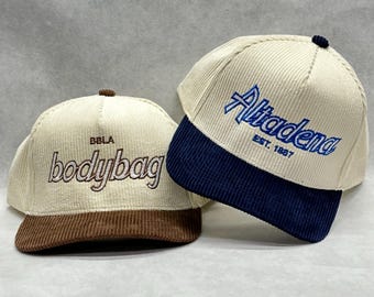 2 Tone Custom Corduroy Vintage Sport Font Script California USA Sports Snapback Hat hood make your own customizable Script cap Embroidered