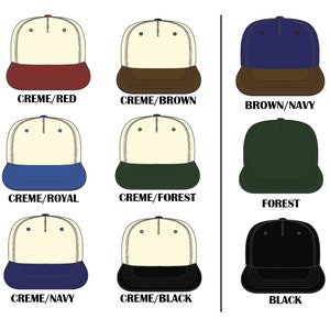 May include: Nine different colour combinations of a baseball cap. The caps are all cream coloured with a different coloured brim. The brim colours are red, brown, navy, royal blue, forest green, black.