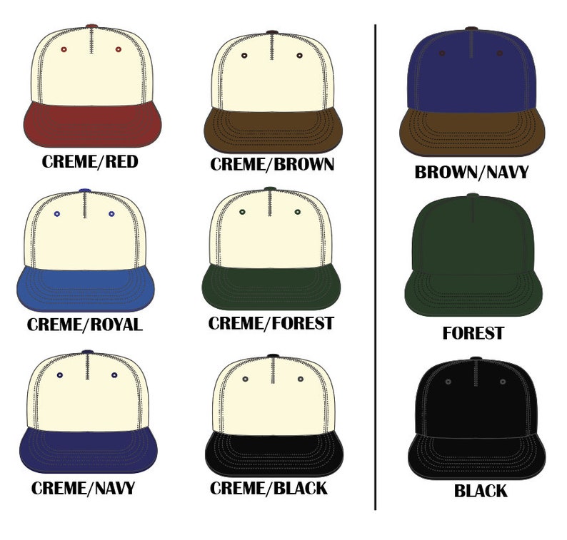 May include: Nine different colour combinations of a baseball cap. The caps are all cream coloured with a different coloured brim. The brim colours are red, brown, navy, royal blue, forest green, black.