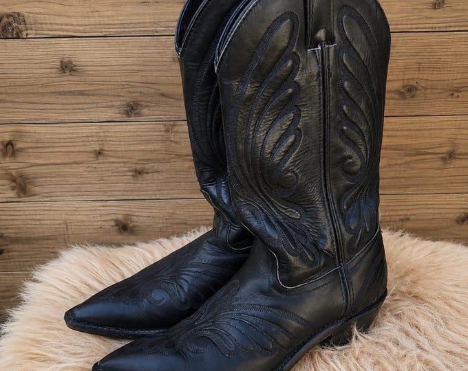 Vintage Black Leather Cowboy Boots | Women's Size 7, Embroidered Western Style