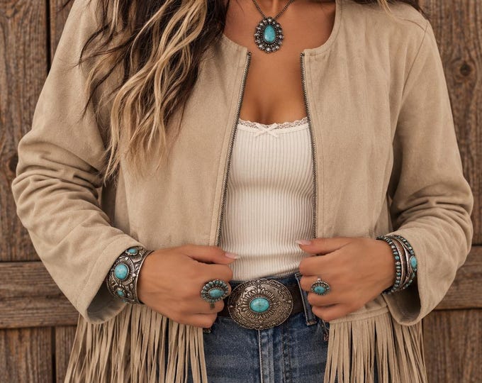 Escalier Tan Faux Suede Fringe Jacket | Western Cowgirl Style (L/XL)