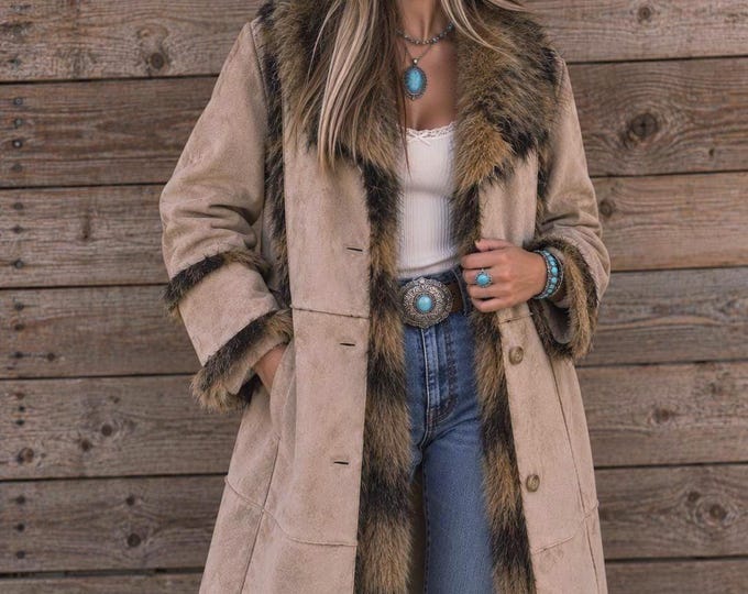 KATMAT Faux Suede Faux Fur Coat Size L | Penny Lane 70s Boho Long Jacket