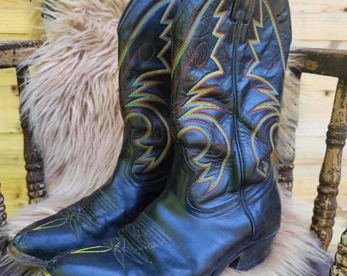 Vintage Boulet Black Leather Cowboy Boots | Multicolor Western Embroidery, Made in Canada Size 9