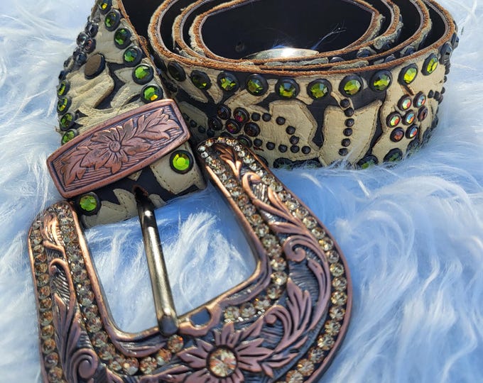 Vintage b.b. Simon Western Leather Belt | Y2K Rhinestone Swarovski Crystal Embellished Buckle