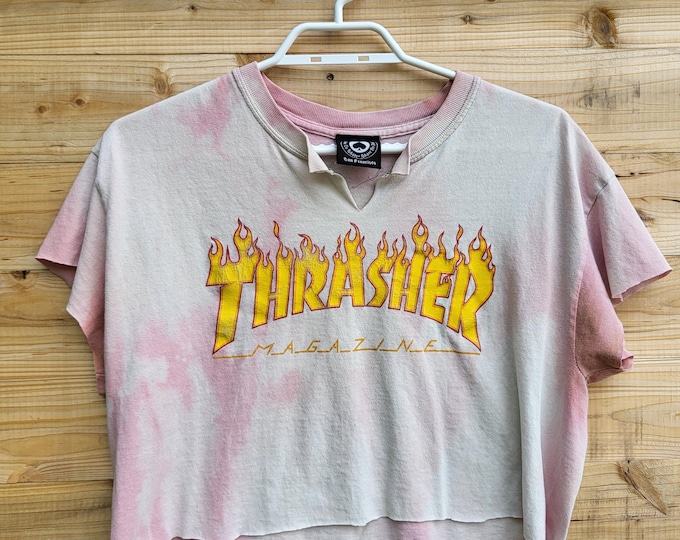 Upcycled Thrasher Magazine Crop Top | Hand Bleached Pink Grunge Tee | Y2K Skatewear