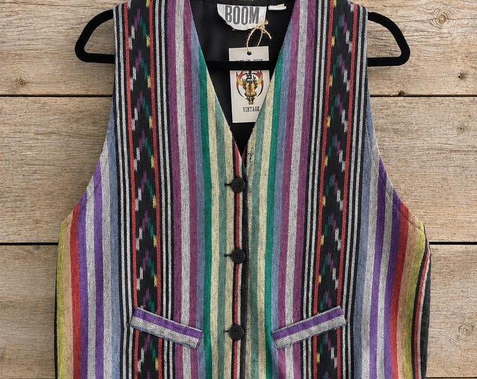 Vintage 80s BOOM Southwestern Cotton Vest – Colorful Striped Woven Waistcoat Size M