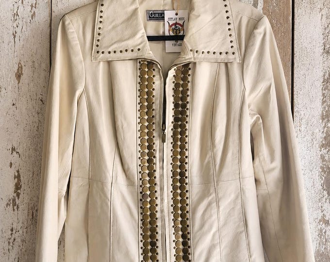 Vintage Y2K Guillaume Cream Leather Studded Jacket – Brass Disc Hardware – Women’s Medium