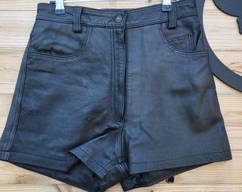 Vintage 90s Y2K Black Leather High Waisted Biker Shorts Size 10