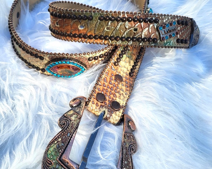 Vintage b.b. Simon Snakeskin Embossed Leather Belt | Swarovski Crystal Turquoise Rhinestone Buckle