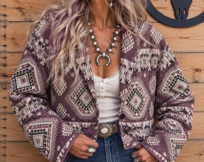 Vintage 90s Southwestern Tapestry Jacket – Purple Aztec Geometric Cotton Blazer (L)