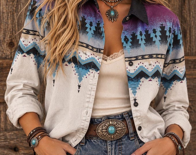 Vintage Alamosa Southwestern Button-Up Shirt | Purple Blue Aztec Print (Medium)