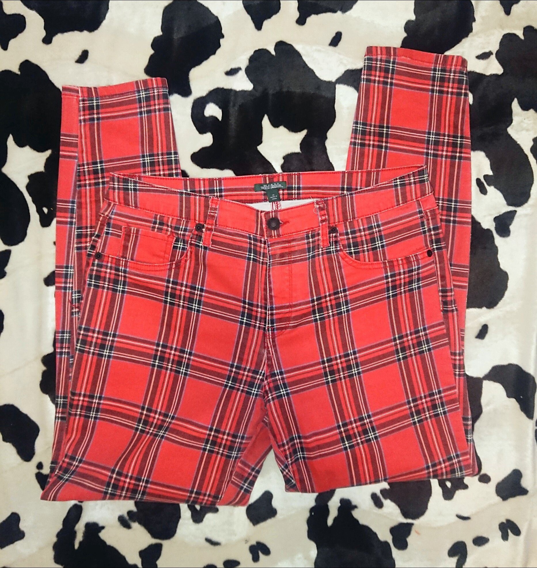 red plaid skinny jeans