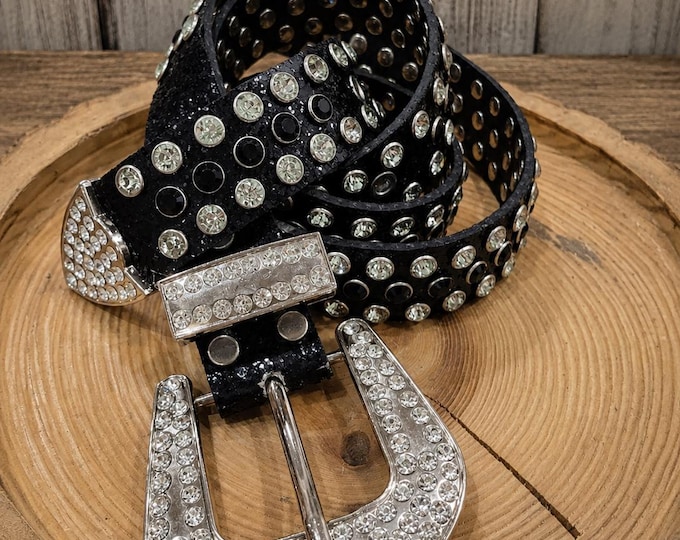 Y2K Black Leather Rhinestone Studded Belt: Crystal Buckle, Western Cowgirl Rockstar Style