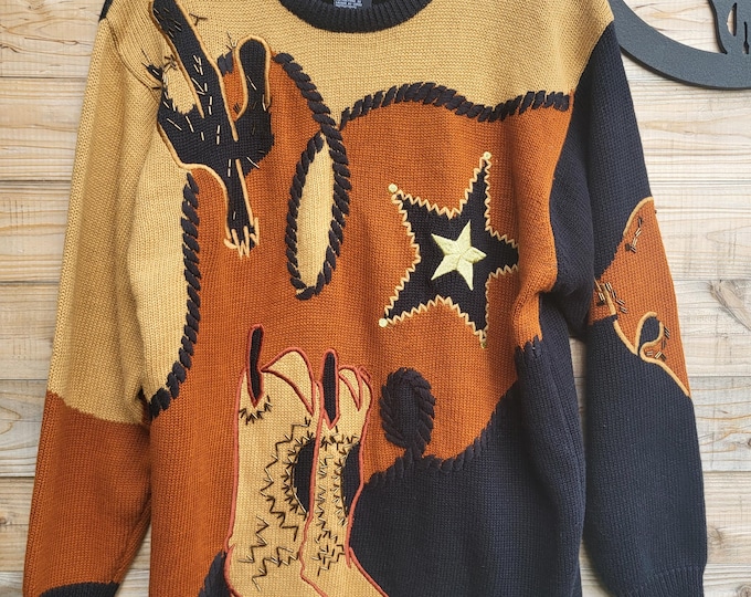 Vintage 1993 I.B. Diffusion Western Cowboy Sweater M | Oversized Boots Lasso Rodeo Knit
