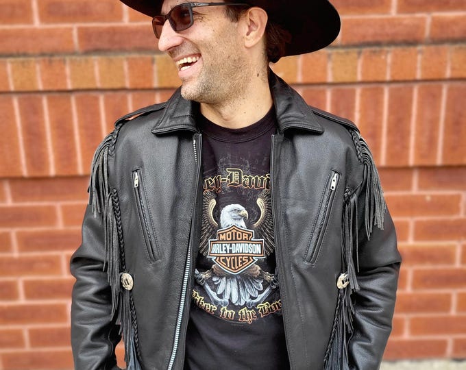 Vintage 80s MOB Black Heavy Cowhide Leather Fringe Biker Jacket, Western Concho Detail (M/L)