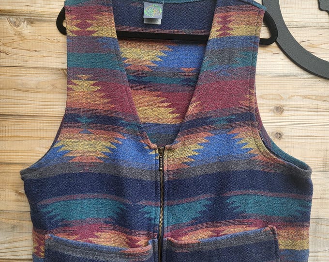 Vintage 90s Southwest Woven Zip Vest L/XL | Southwestern Aztec Blanket Vest Boho Western