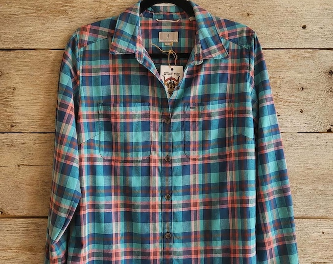 Vintage Royal Robbins Plaid Outdoor Shirt – Teal Blue Pink 90s Hiking Size M