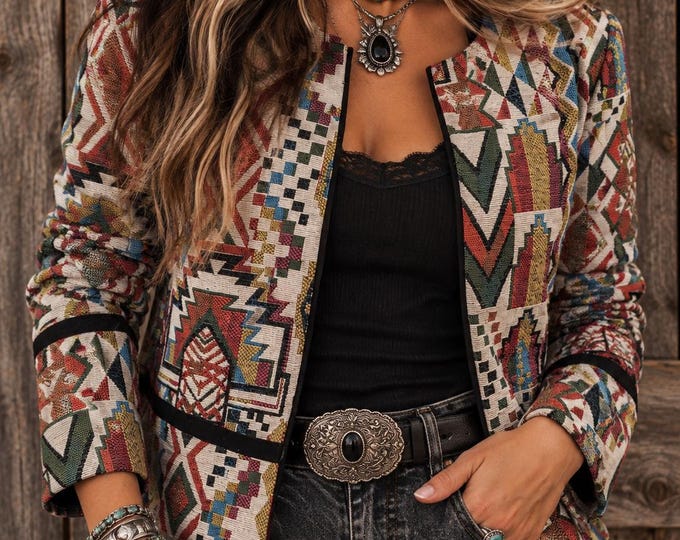 Icone Southwestern Tapestry Jacket | Cropped Boho Western Style (Size S)