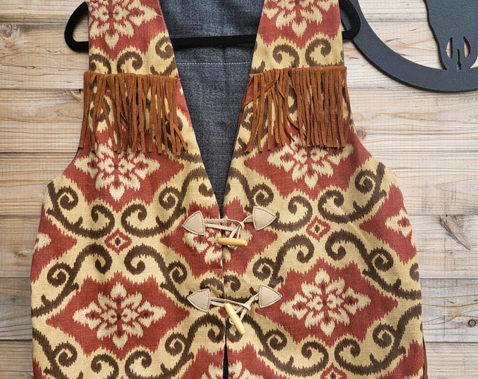 Vintage Western Tapestry Fringe Vest L/XL | Rust Southwestern Toggle Vest Cowgirl Boho