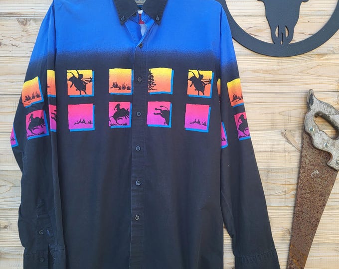 Vintage Roper Western Cowboy Shirt L Neon Rodeo Graphic Black Blue 90s