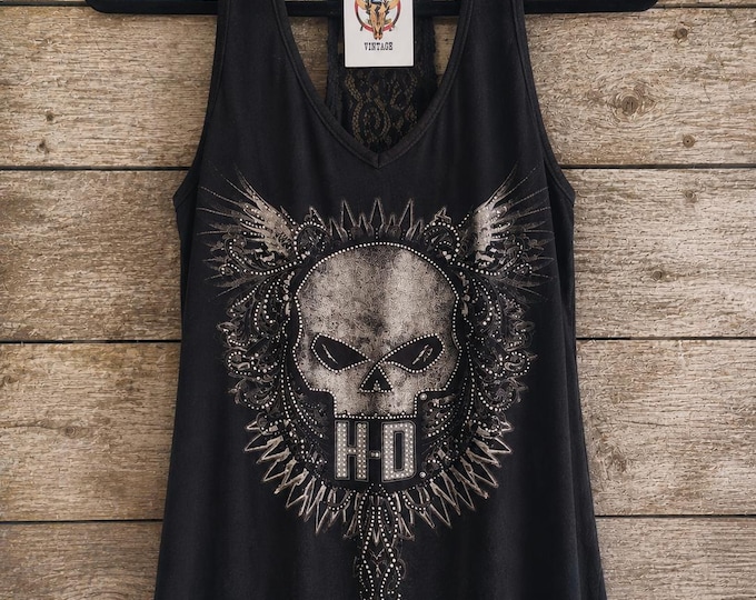 Harley-Davidson Rhinestone Skull Lace Back Tank Top Women’s M – Y2K Biker Goth