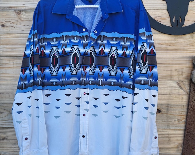 Vintage Panhandle Slim Western Pearl Snap Shirt L Blue Southwestern Aztec 90s