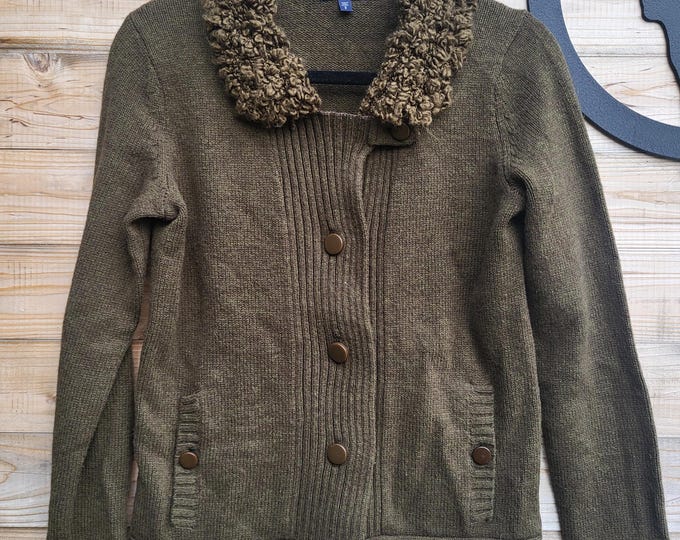 Gap Olive Green Faux Fur Collar Cardigan | Y2K Utility Knit Jacket (Small)