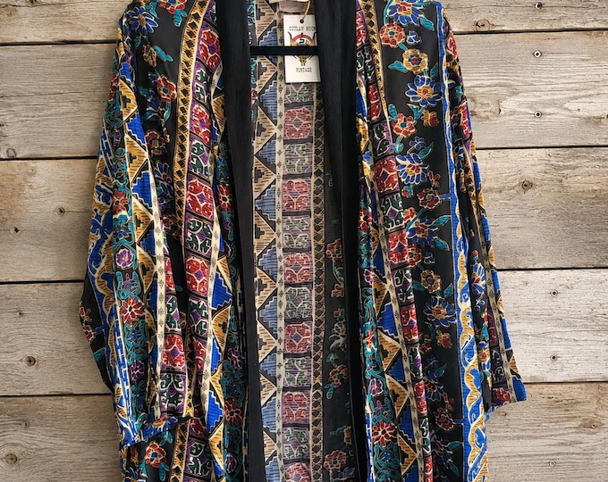 Vintage 80s 90s Rayon Duster Cardigan – Southwestern Floral Print Kimono Jacket