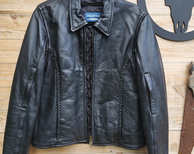 Vintage 80s 90s Screaming Eagle Black Leather Motorcycle Jacket Women’s M Braided Biker Jacket