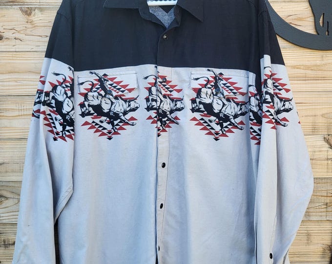 Panhandle Western Bucking Bull Shirt Large Southwestern Rodeo Button Up
