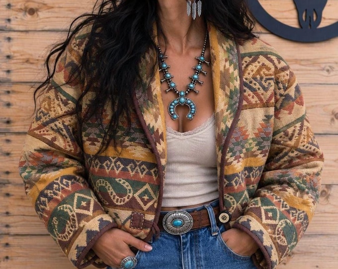 Vintage 90s Southwestern Tapestry Jacket – Cropped Cotton, Earth Tone Aztec Geometric (Size Small)