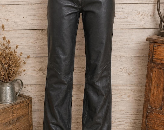 Vintage Newport News Black Leather Pants Y2K Low Rise Wide Leg Size 10