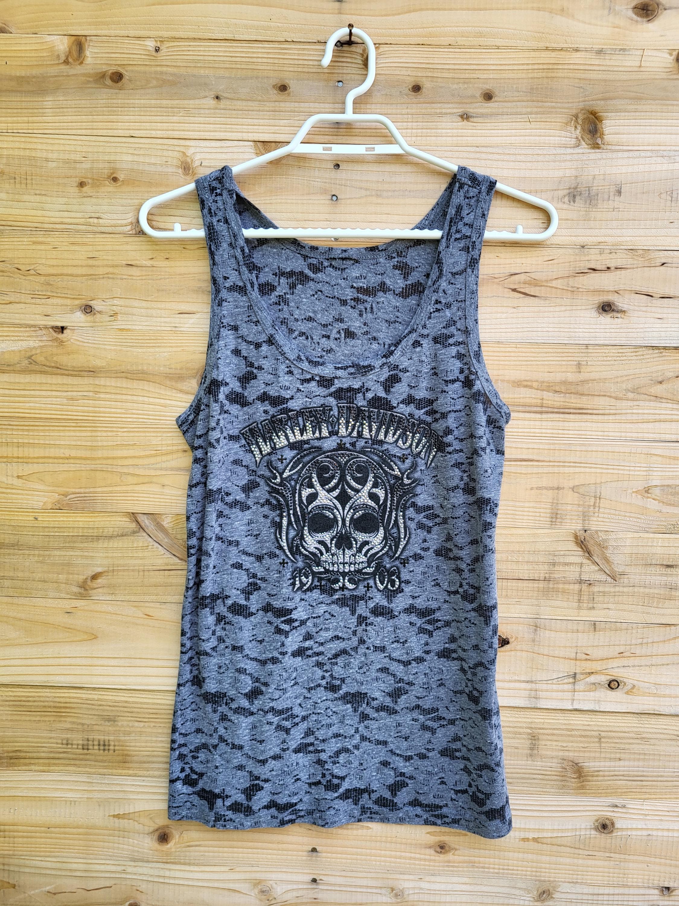 Harley Davidson Skull Tank Top | Grey Burnout Biker Shirt | Y2K