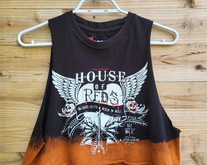 House of Reds Biker Tank Top | Bleach Dip Cropped Muscle Tee | Rock & Roll Graphic
