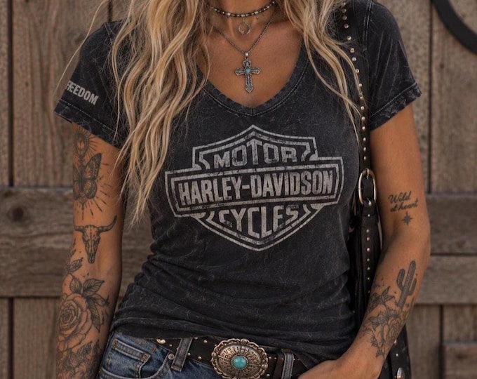 Harley-Davidson Women's Faded Black Biker Tee – Wounded Warrior Project Motorcycle Shirt (Size M)