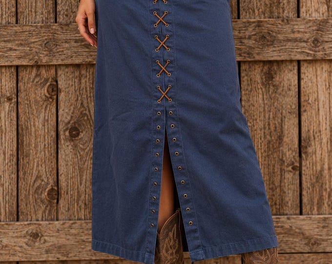 Vintage Starwear Navy Lace-Up Maxi Skirt | 90s Western Cotton, Grommet Detail