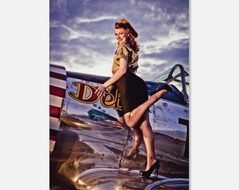 Pinup Girl On Aircraft - Photography, Canvas Print