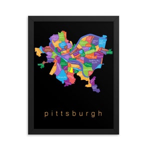 Mapa de todos los 90 barrios de Pittsburgh: cartel enmarcado y sin enmarcar