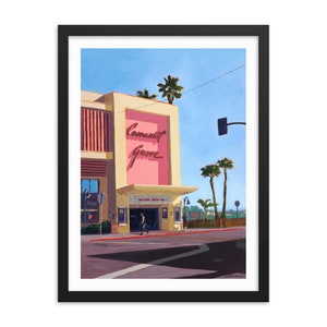 May include: A painting of a pink and yellow building with the words "Coconut Grove" in red letters. The building has a blue awning and is located on a street with palm trees and a blue sky.