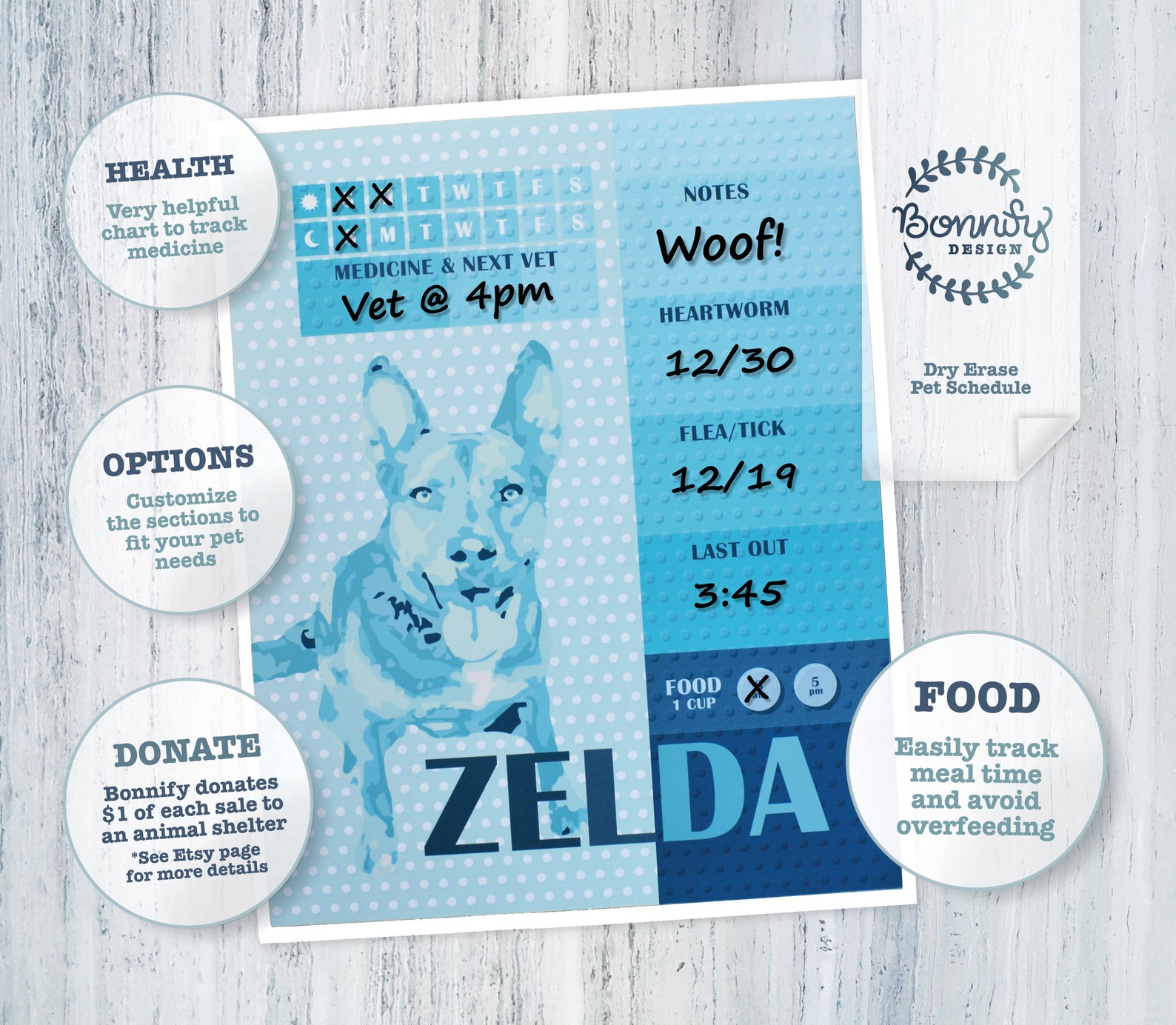 Custom Dry Erase Board for Dogs, Pet Portrait, Dog Organizer, Pet