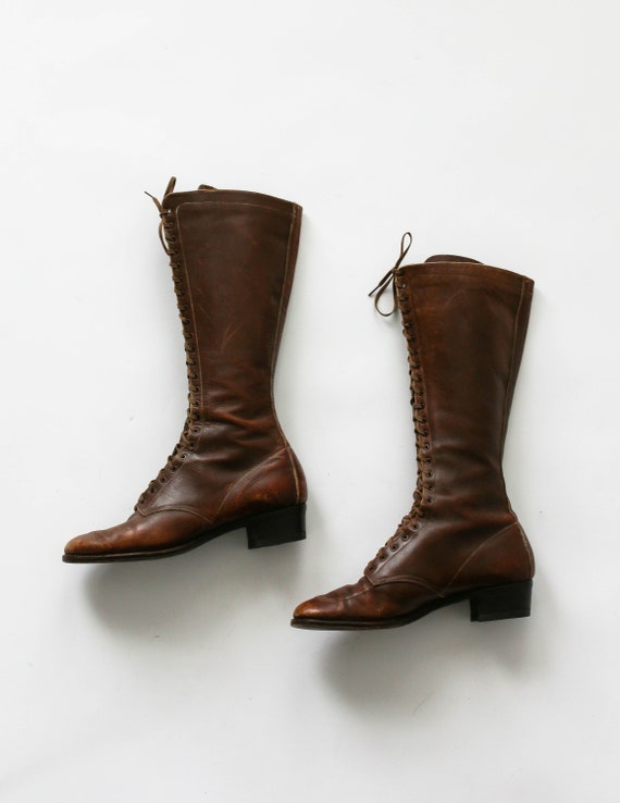 Size 7 7.5 Antique 1920s Leather Lace Up Boots