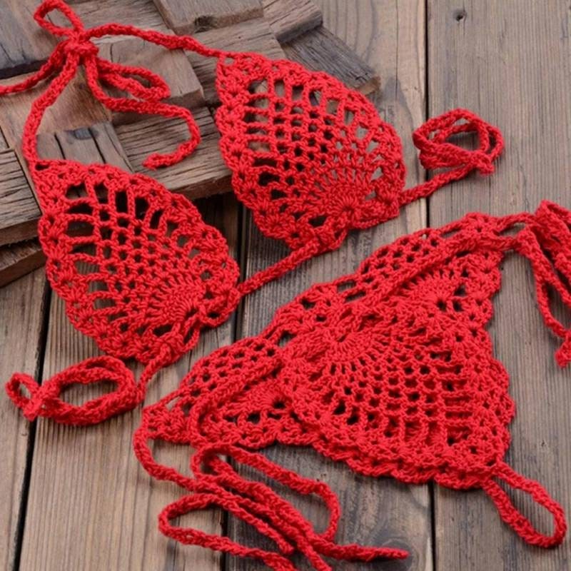 Red Crochet Swimsuit Knitted Beach Top Handmade Knitted Etsy