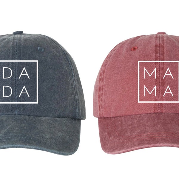 Dada & Mama SQUARE Hats, Pigment Dyed Unstructured Baseball Cap, Pregnancy Announcement, Dad And Mom To Be, Baby Reveal, Choose Color