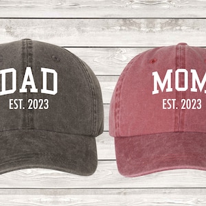 Mom & Dad Est. (YEAR) Hats, Pigment Dyed Unstructured Cap, Pregnancy Announcement, Parents Hats, New Dad, New Mom Gift, Dad Hat, Mom Hat
