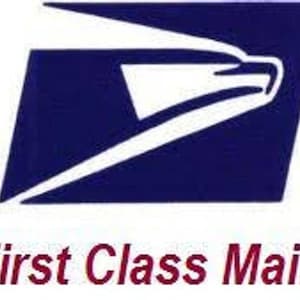 May include: The United States Postal Service logo features a blue eagle in flight with a white outline. The text "First Class Mail" is below the logo in red.